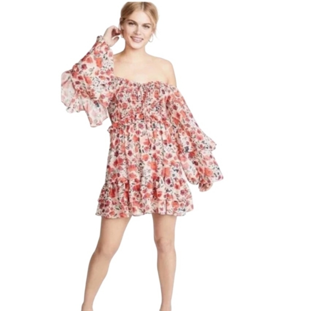 MISA Los Angeles Asra Red Floral Puff Sleeve Dress | US Size Medium